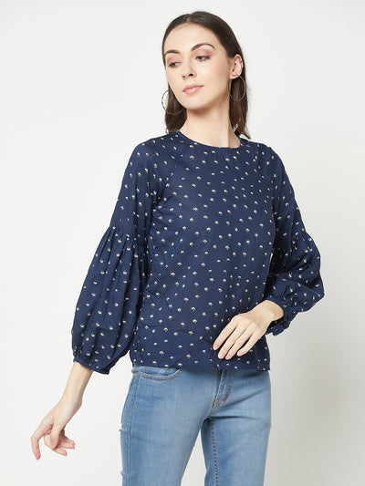 Navy Blue Printed Top-Women Tops-Crimsoune Club