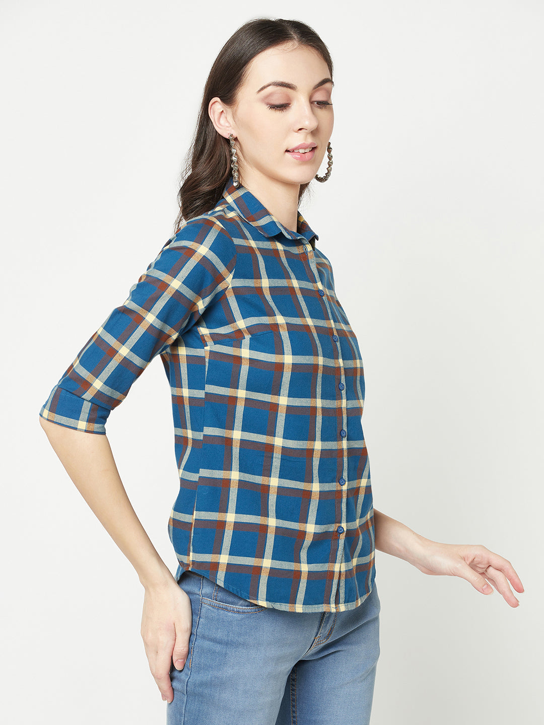Navy Blue Checked Shirt-Women Shirts-Crimsoune Club