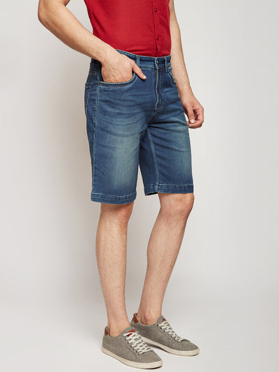 Blue Solid Denim Shorts-Men Shorts-Crimsoune Club