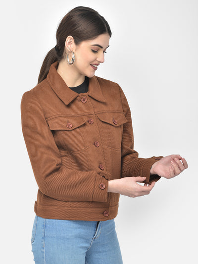 Brown Textured Short Coat-Women Blazers-Crimsoune Club