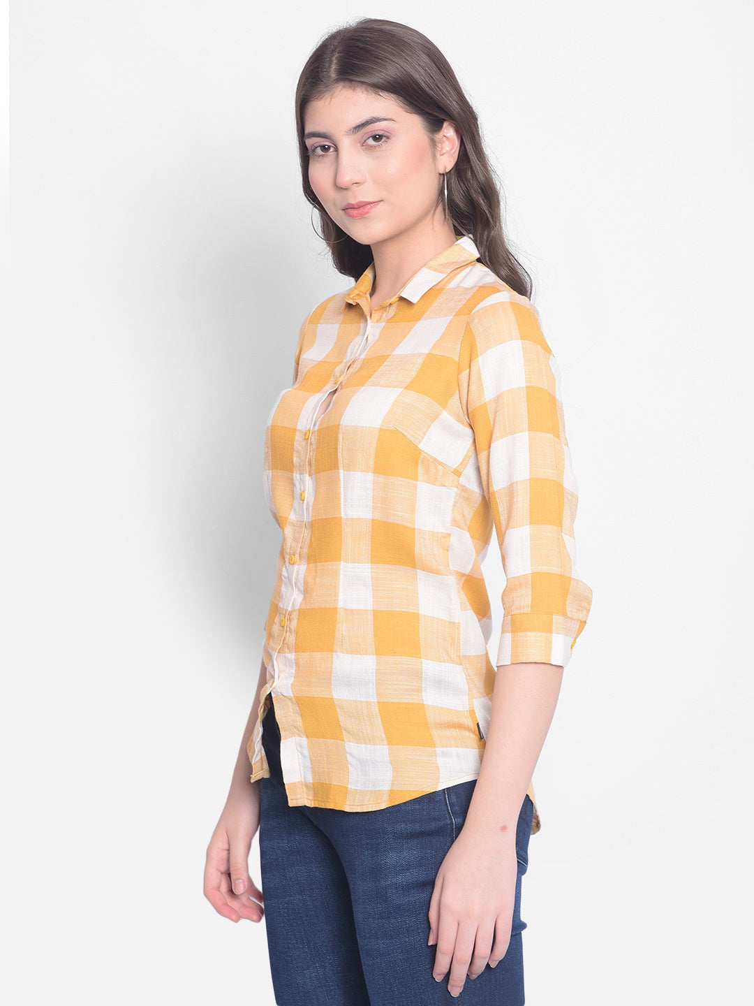 Mustard Checked Shirt-Women Shirts-Crimsoune Club