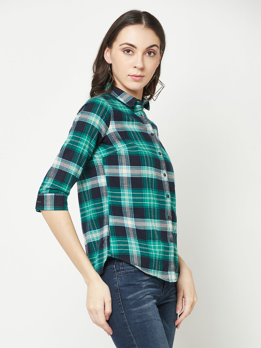 Green Checked Shirt-Women Shirts-Crimsoune Club