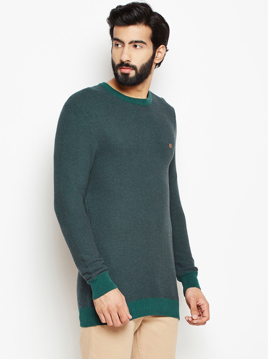Green Solid Round Neck Sweater-Mens Sweaters-Crimsoune Club