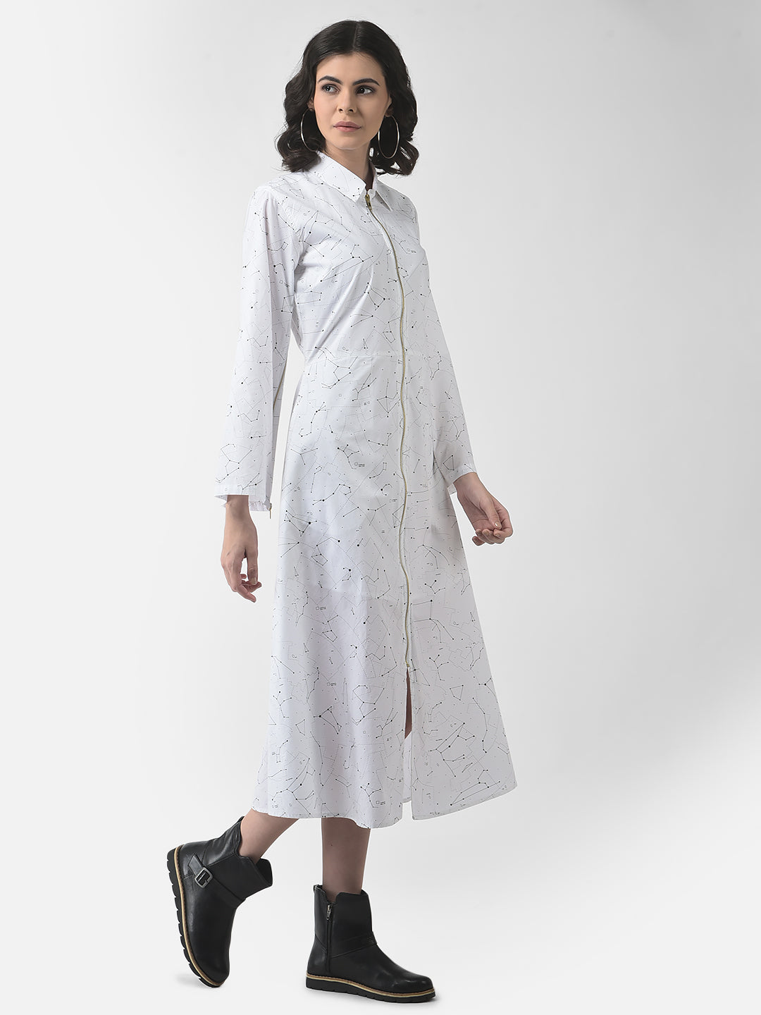 Black and White Constellation Midi Shirt Dress-Women Dresses-Crimsoune Club