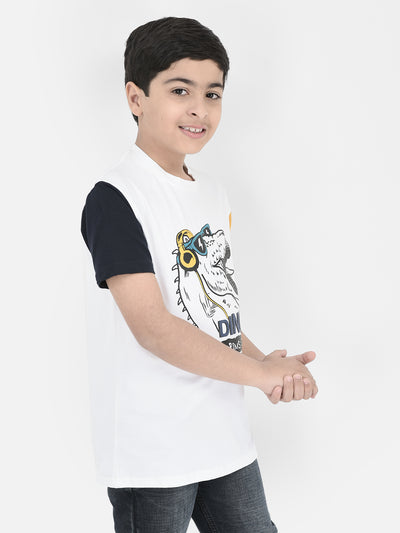 White Printed Round Neck T-shirt-Boys T-Shirts-Crimsoune Club