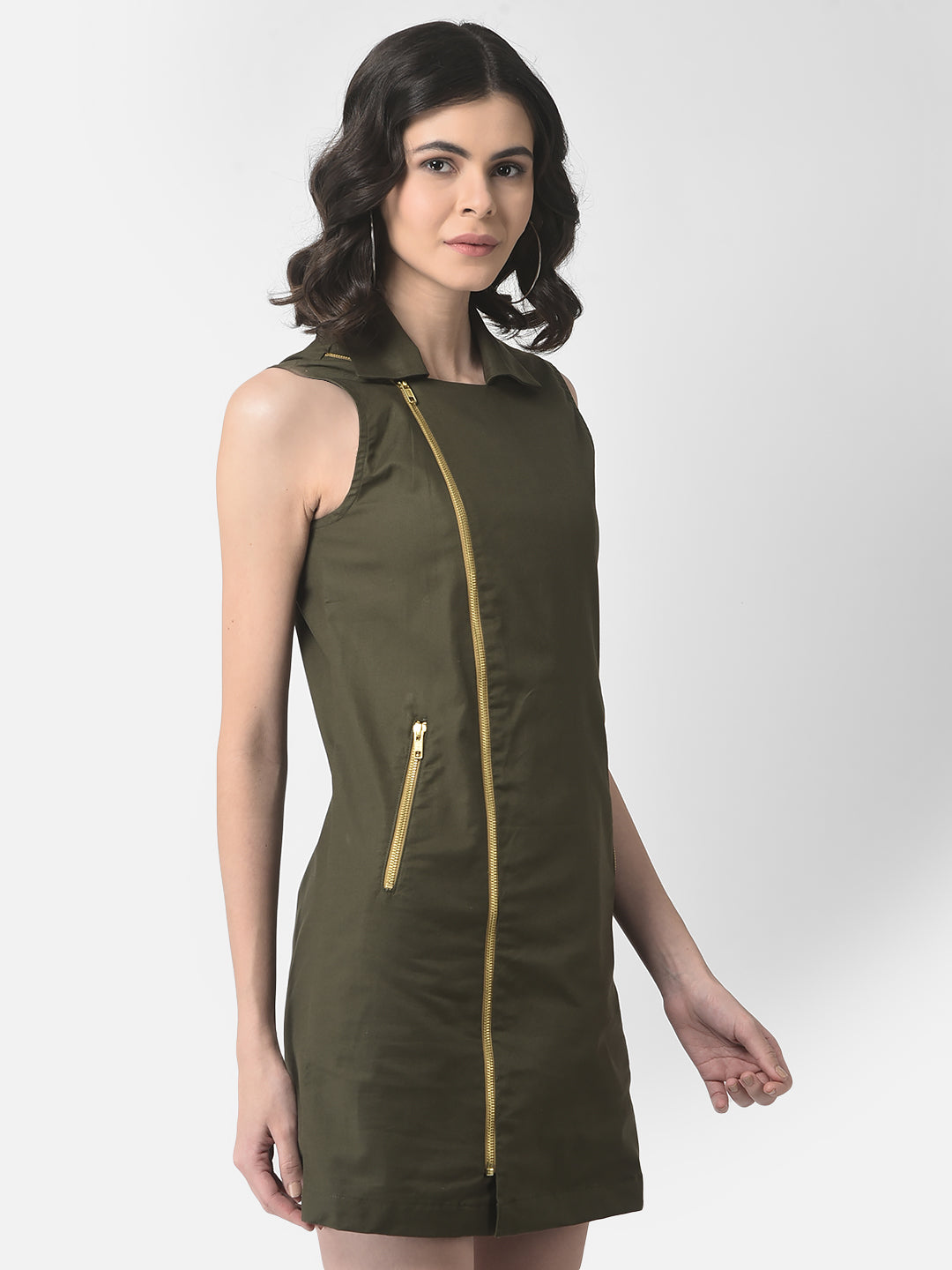 Olive Green Safari Dress-Women Dresses-Crimsoune Club Olive Green Safari Dress-Women Dresses-Crimsoune Club