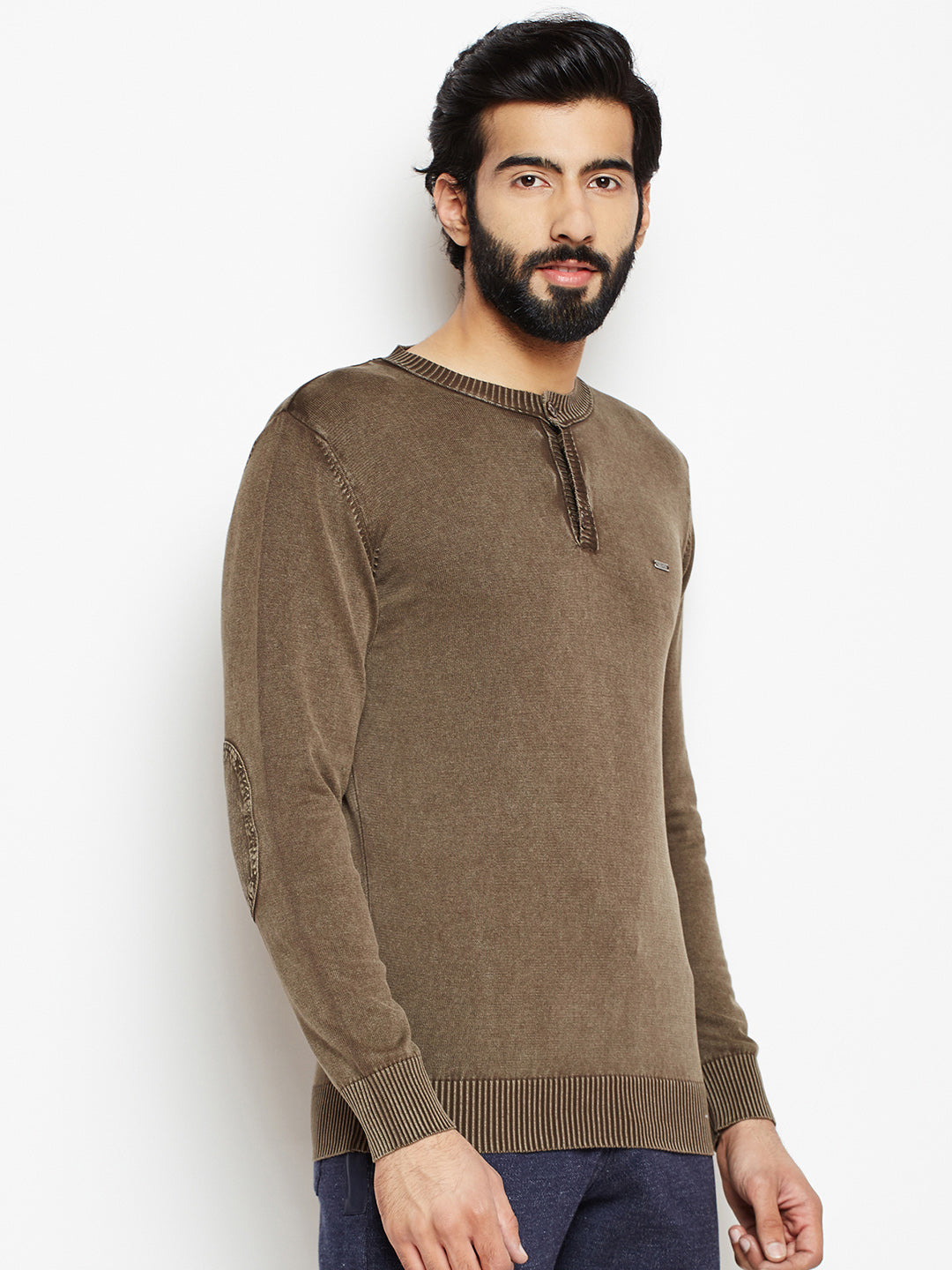 Brown Solid Round Neck Sweater-Mens Sweaters-Crimsoune Club