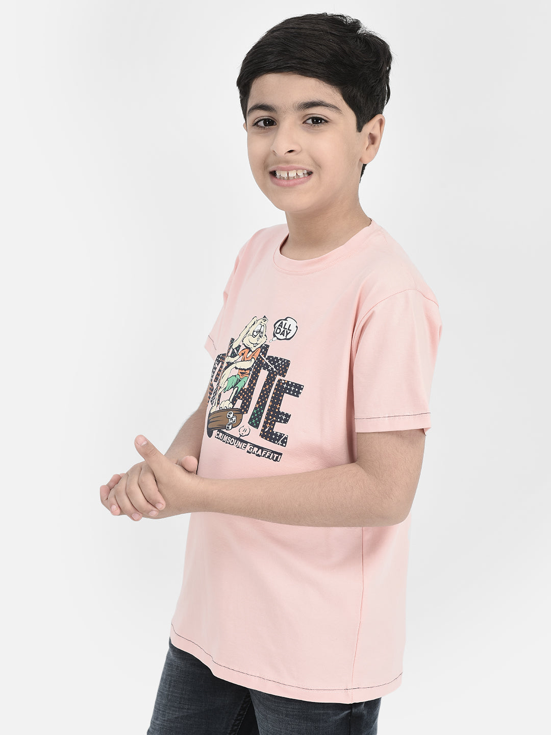 Peach Printed Round Neck T-shirt-Boys T-Shirts-Crimsoune Club