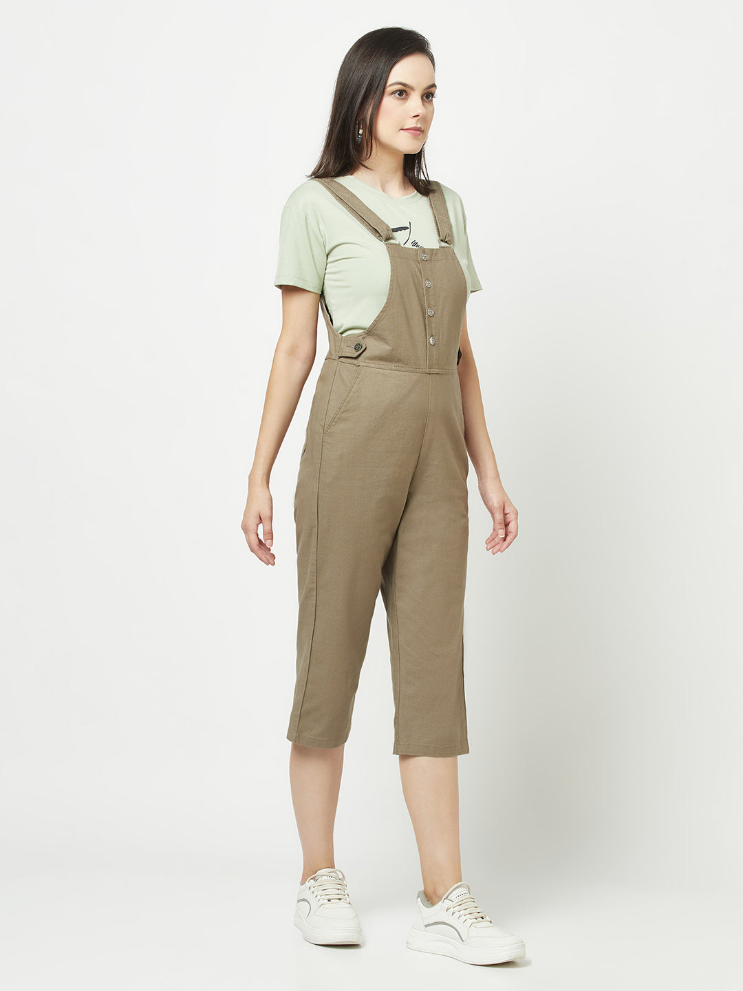 Olive Cotton Dungarees-Women Dungarees-Crimsoune Club