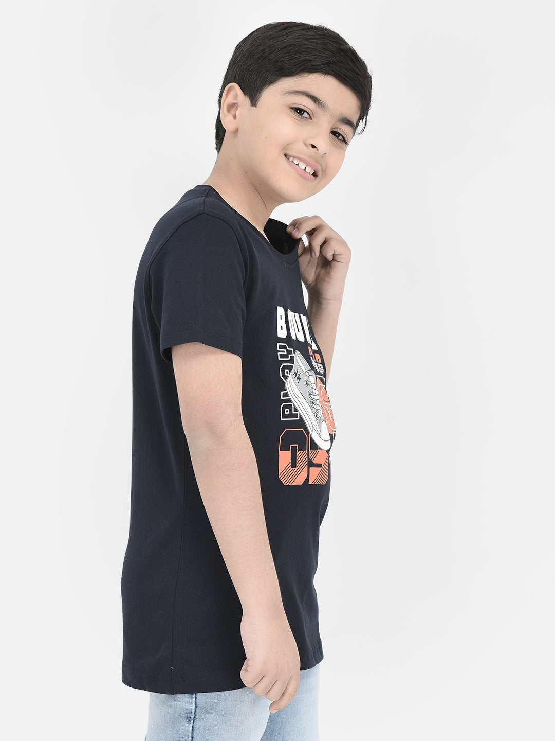 Navy Blue Printed Round Neck T-shirt-Boys T-Shirts-Crimsoune Club