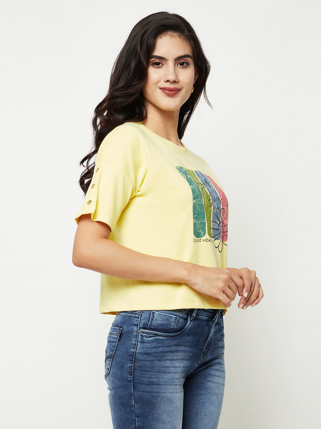 Yellow Printed Round Neck T-shirt-Women T-Shirts-Crimsoune Club