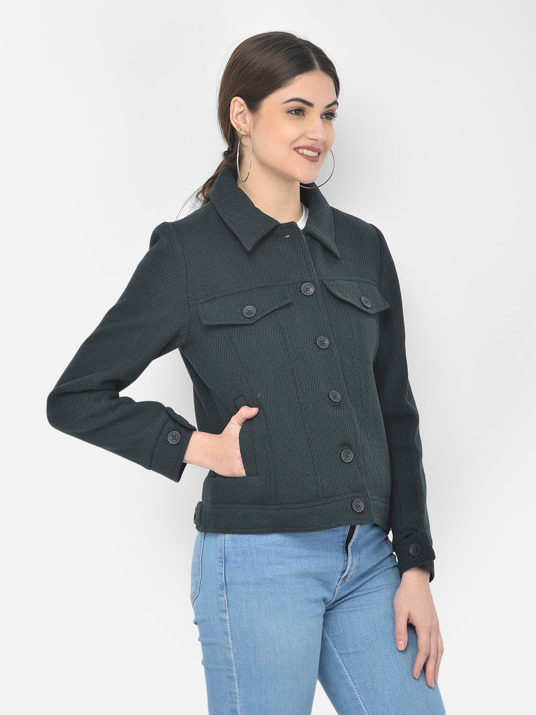 Deep Green Casual Winter Coat-Women Blazers-Crimsoune Club