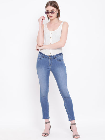 Blue Solid Denim-Women Jeans-Crimsoune Club