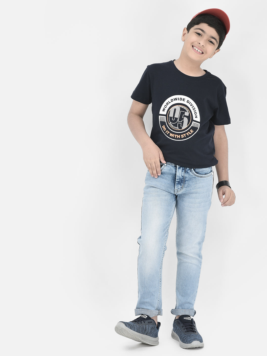 Navy Blue Printed Round Neck T-shirt-Boys T-Shirts-Crimsoune Club