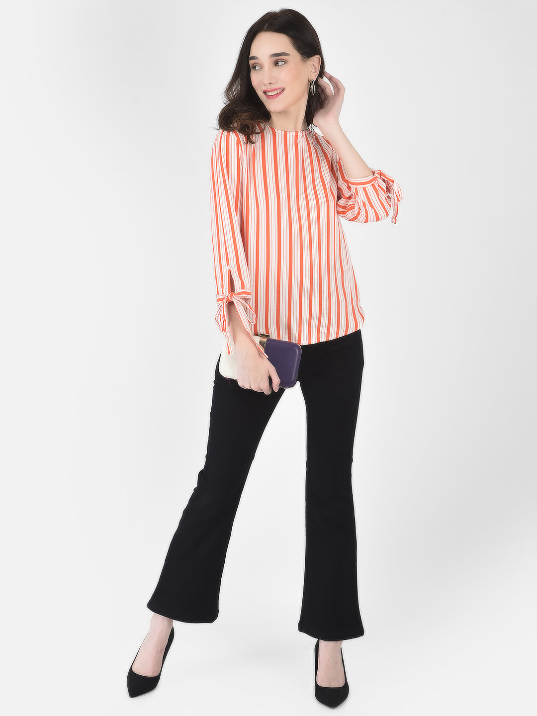 Orange Striped Tops-Women Tops-Crimsoune Club