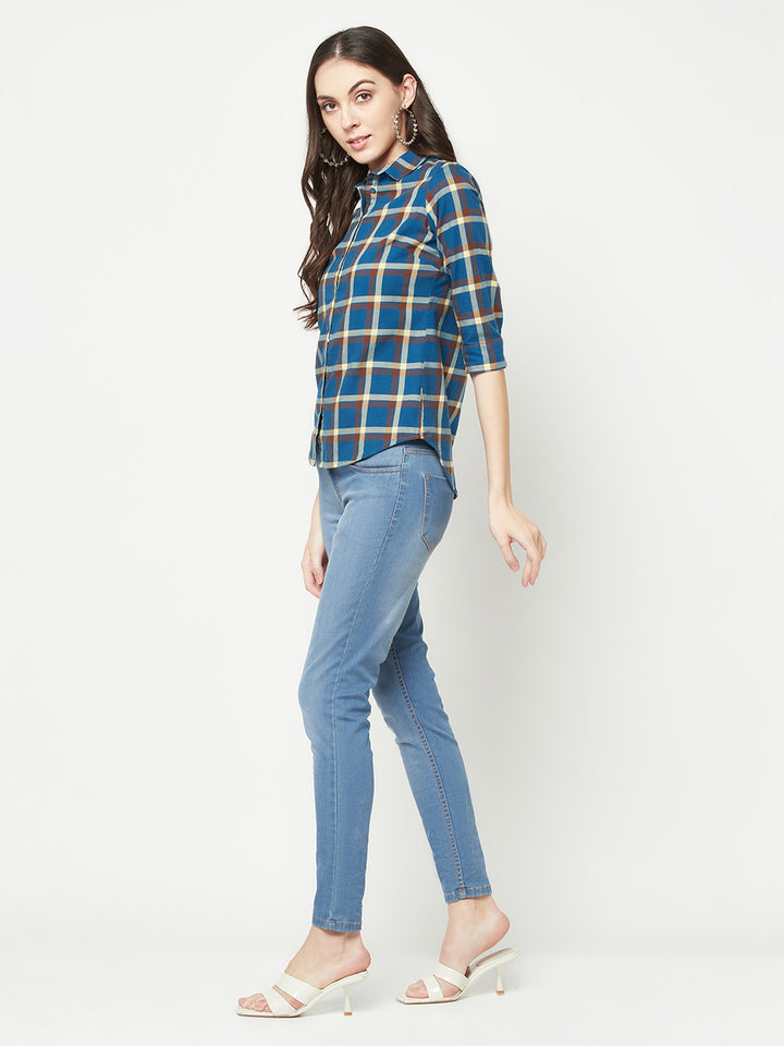 Navy Blue Checked Shirt-Women Shirts-Crimsoune Club