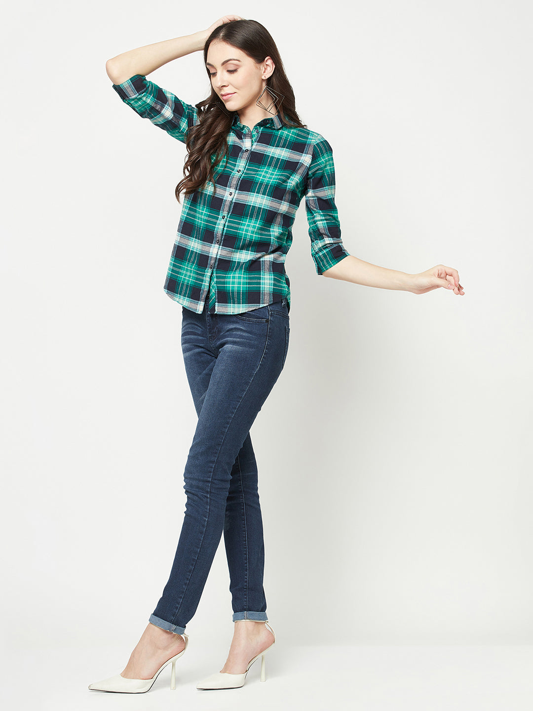 Green Checked Shirt-Women Shirts-Crimsoune Club