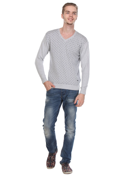 Grey Printed V-Neck Sweater-Mens Sweaters-Crimsoune Club