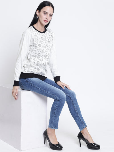 Off White Floral Printed Sweat Shirt-Women Sweatshirts-Crimsoune Club