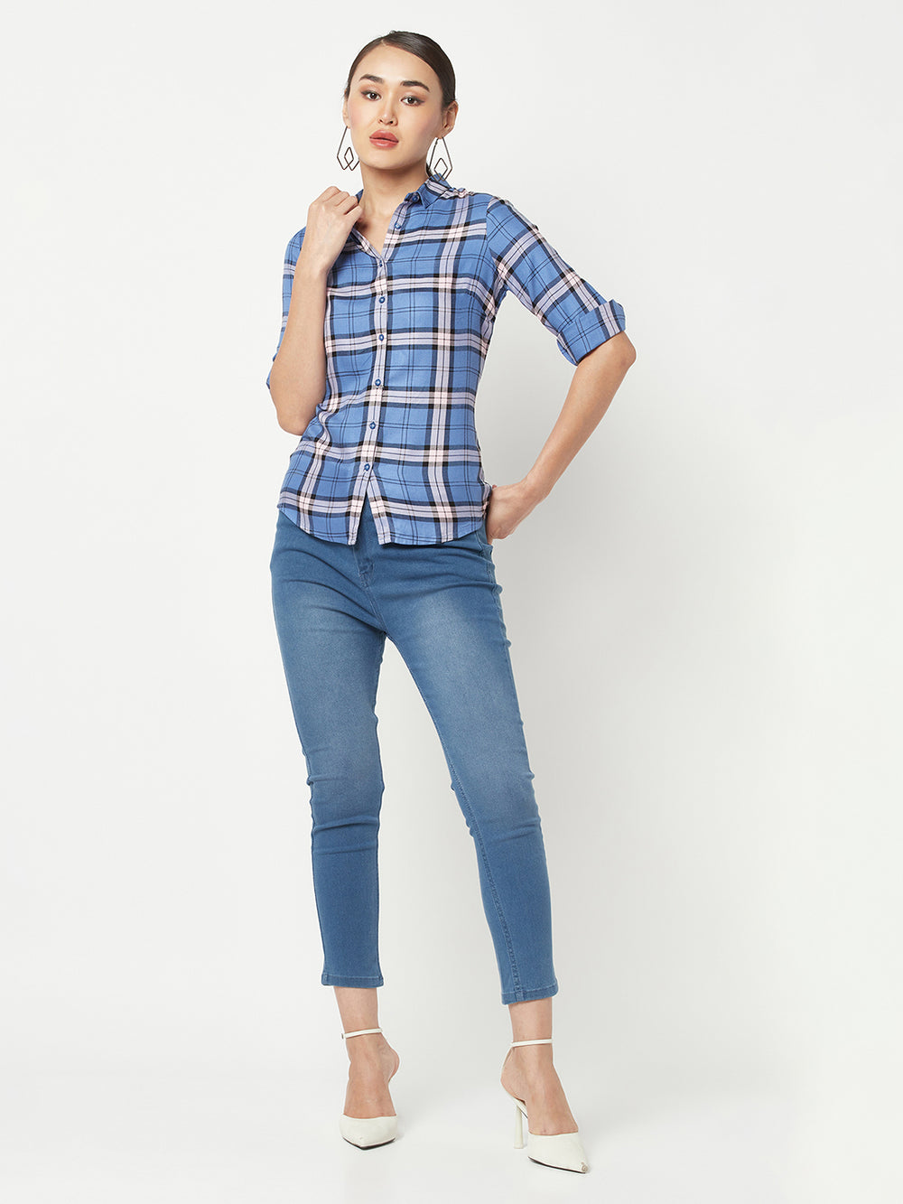 Blue Checked Shirt-Women Shirts-Crimsoune Club