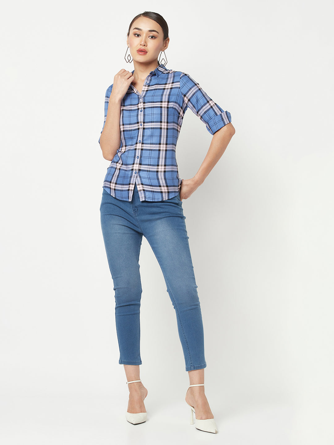 Blue Checked Shirt-Women Shirts-Crimsoune Club