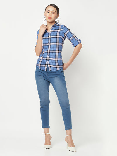 Blue Checked Shirt-Women Shirts-Crimsoune Club