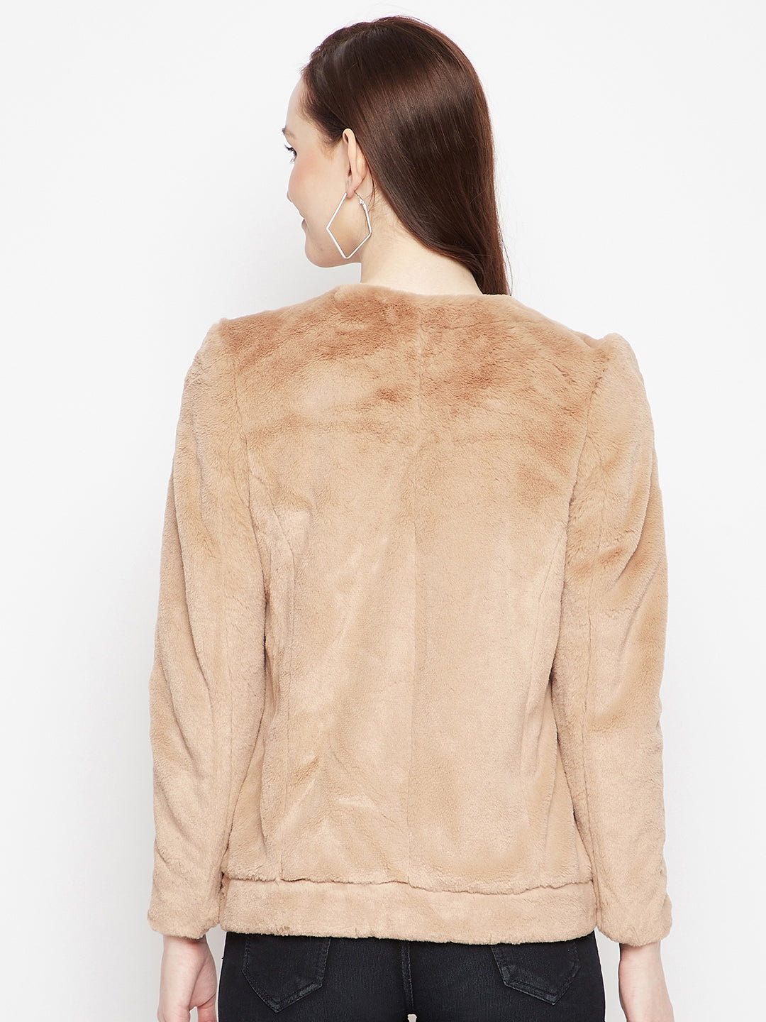 Beige Plush Zip-Front Jacket-Women Blazers-Crimsoune Club