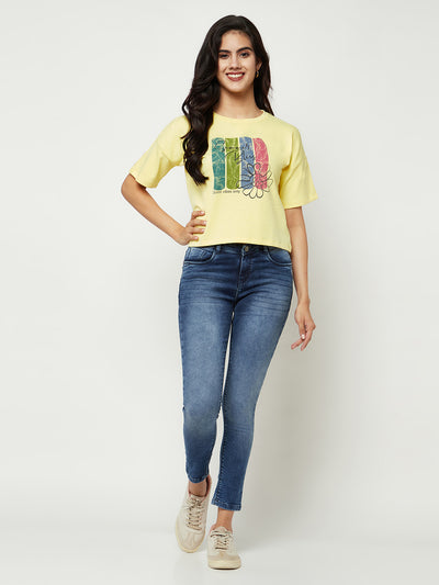 Yellow Printed Round Neck T-shirt-Women T-Shirts-Crimsoune Club