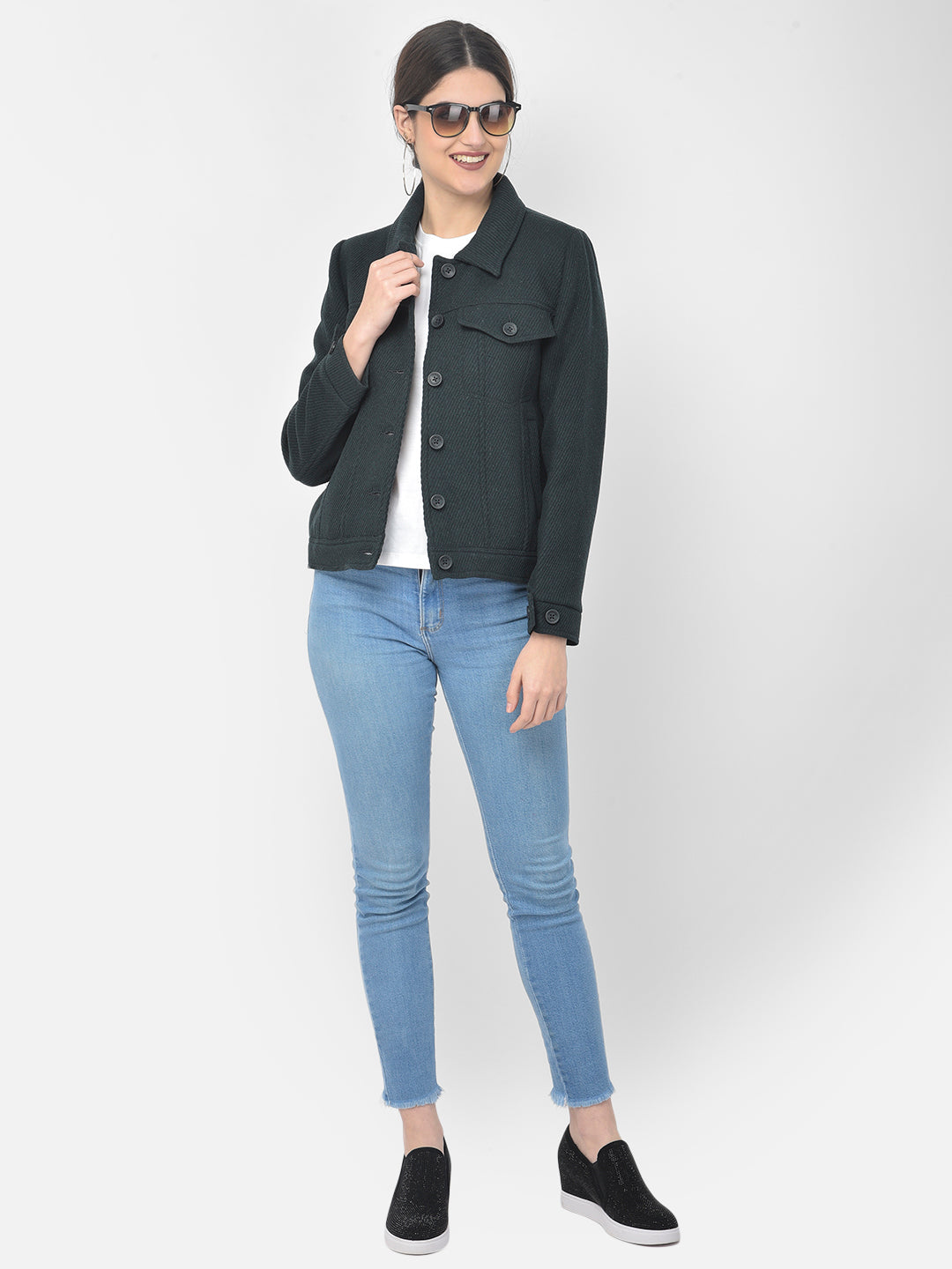 Deep Green Casual Winter Coat-Women Blazers-Crimsoune Club