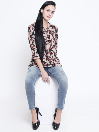 Beige Floral Printed Tops-Women Tops-Crimsoune Club