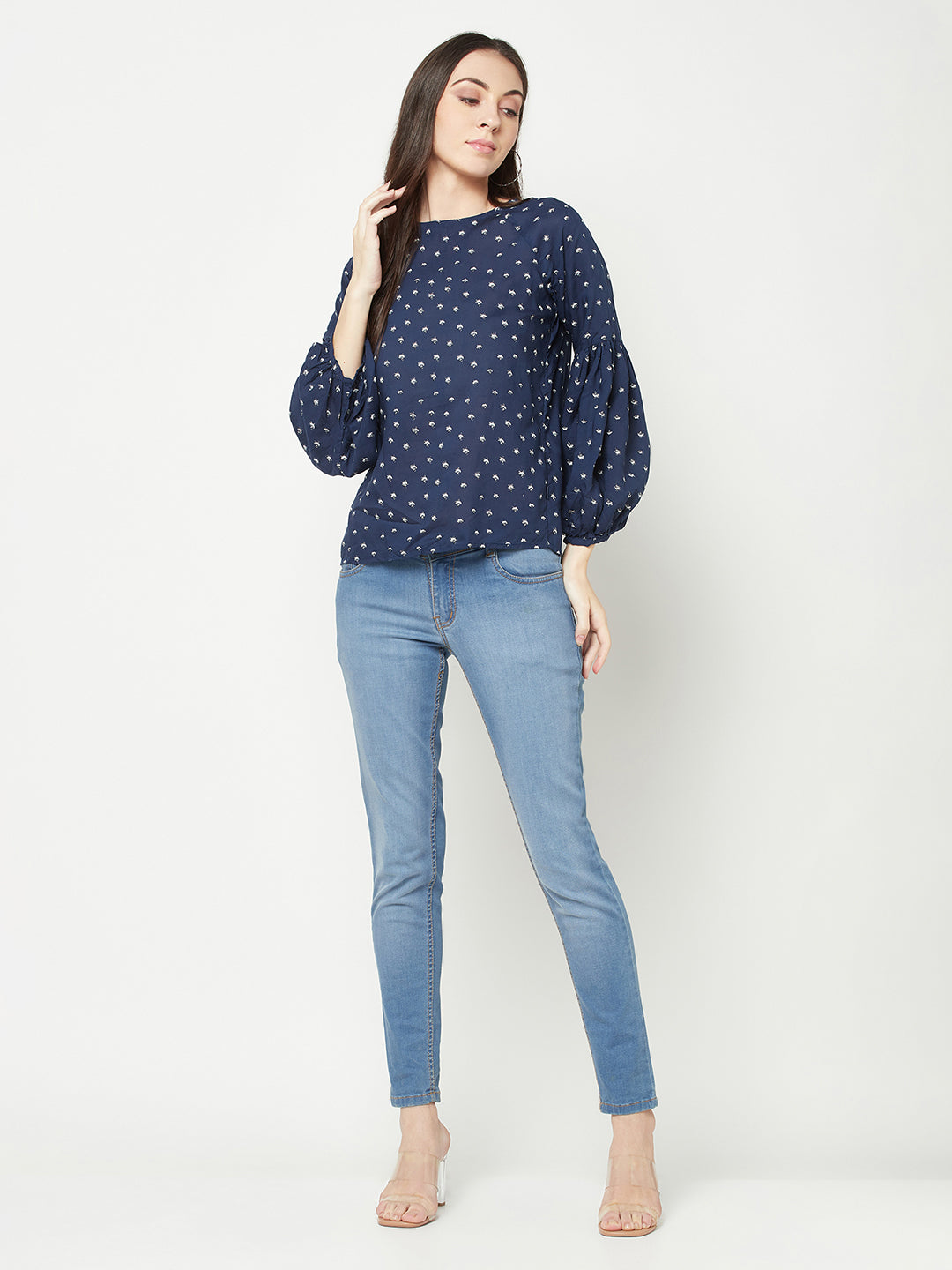 Navy Blue Printed Top-Women Tops-Crimsoune Club