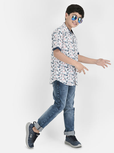 White Floral Printed Shirt-Boys Shirts-Crimsoune Club