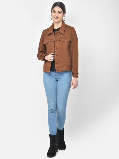 Brown Textured Short Coat-Women Blazers-Crimsoune Club