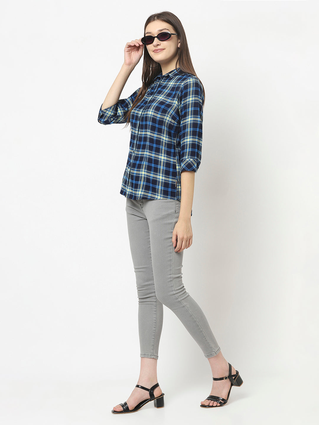 Navy Blue Shirt in Tartan Checks-Women Shirts-Crimsoune Club