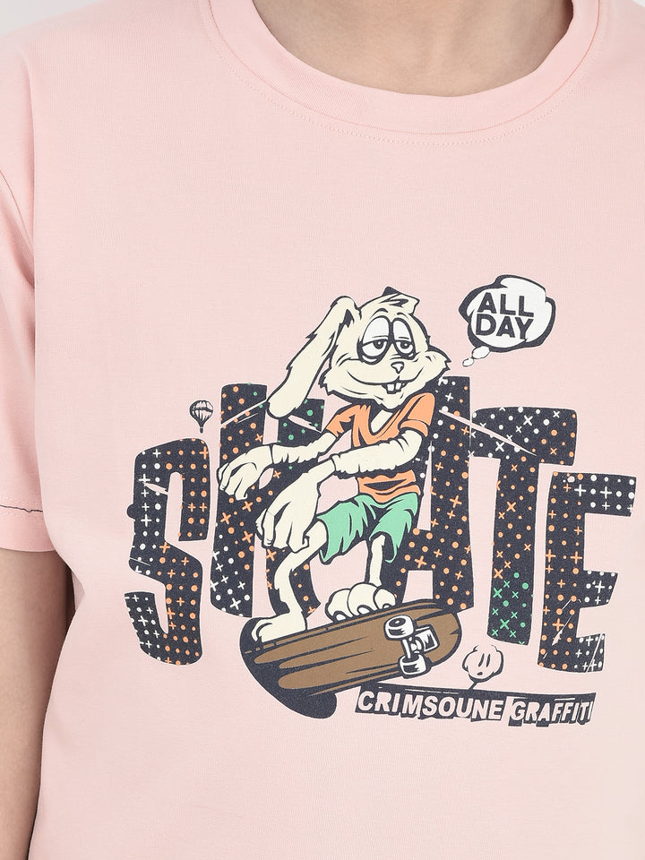 Peach Printed Round Neck T-shirt-Boys T-Shirts-Crimsoune Club
