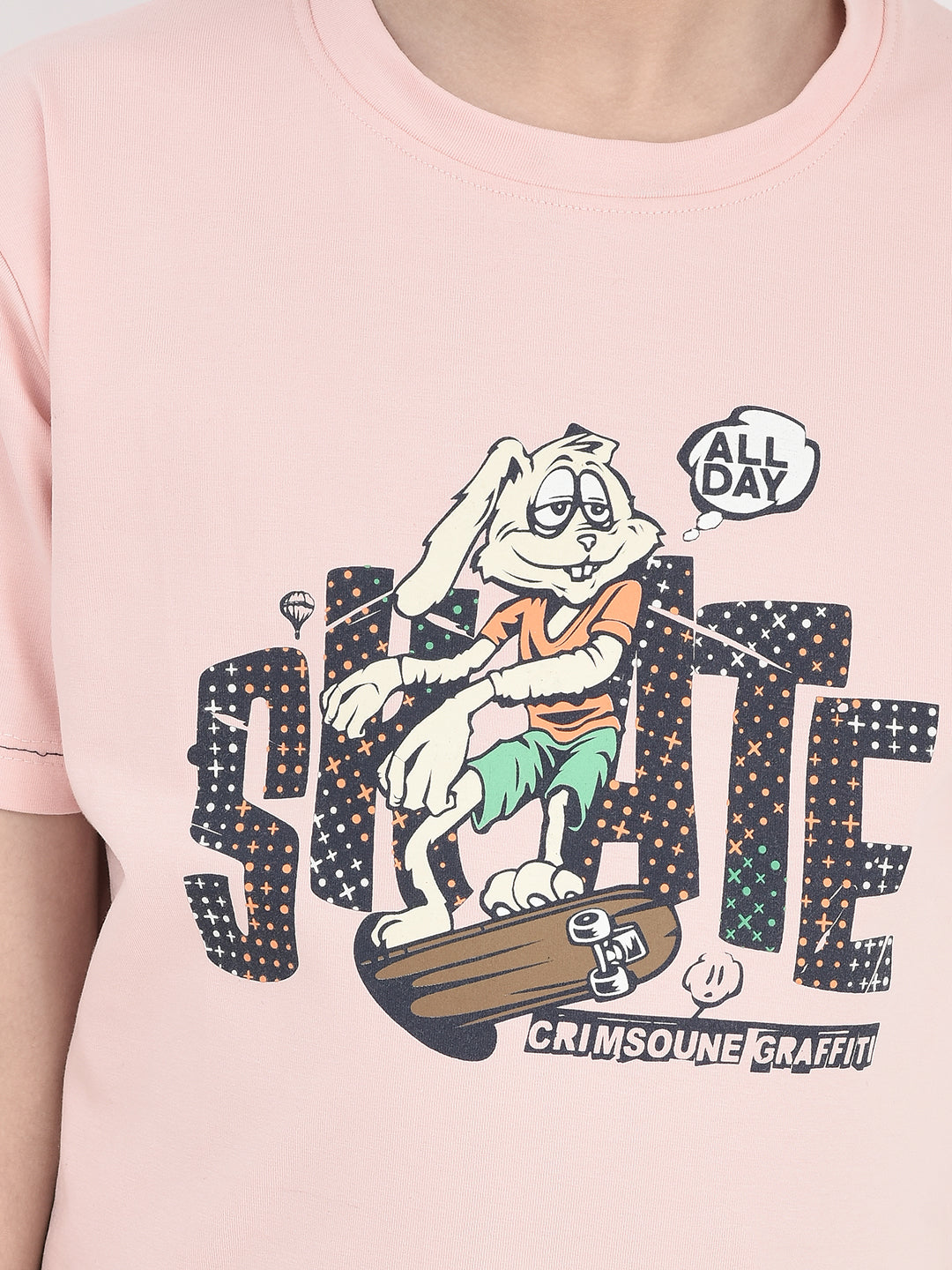 Peach Printed Round Neck T-shirt-Boys T-Shirts-Crimsoune Club