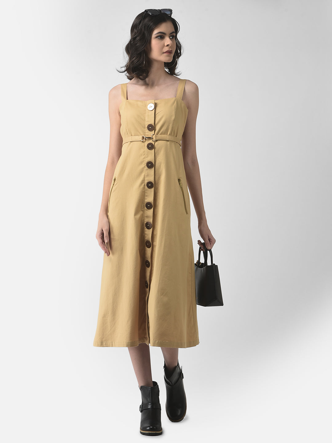 Belted Khaki Safari Dress-Women Dresses-Crimsoune Club Belted Khaki Safari Dress-Women Dresses-Crimsoune Club