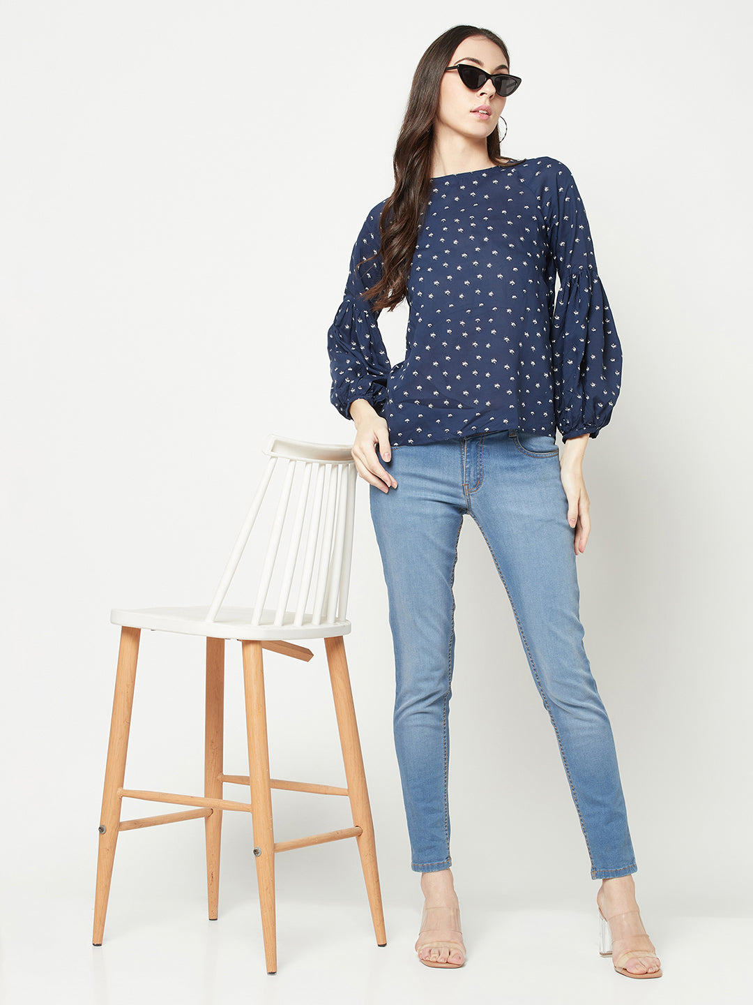 Navy Blue Printed Top-Women Tops-Crimsoune Club