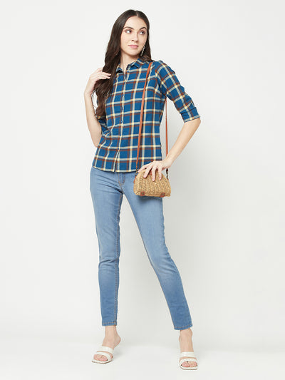 Navy Blue Checked Shirt-Women Shirts-Crimsoune Club