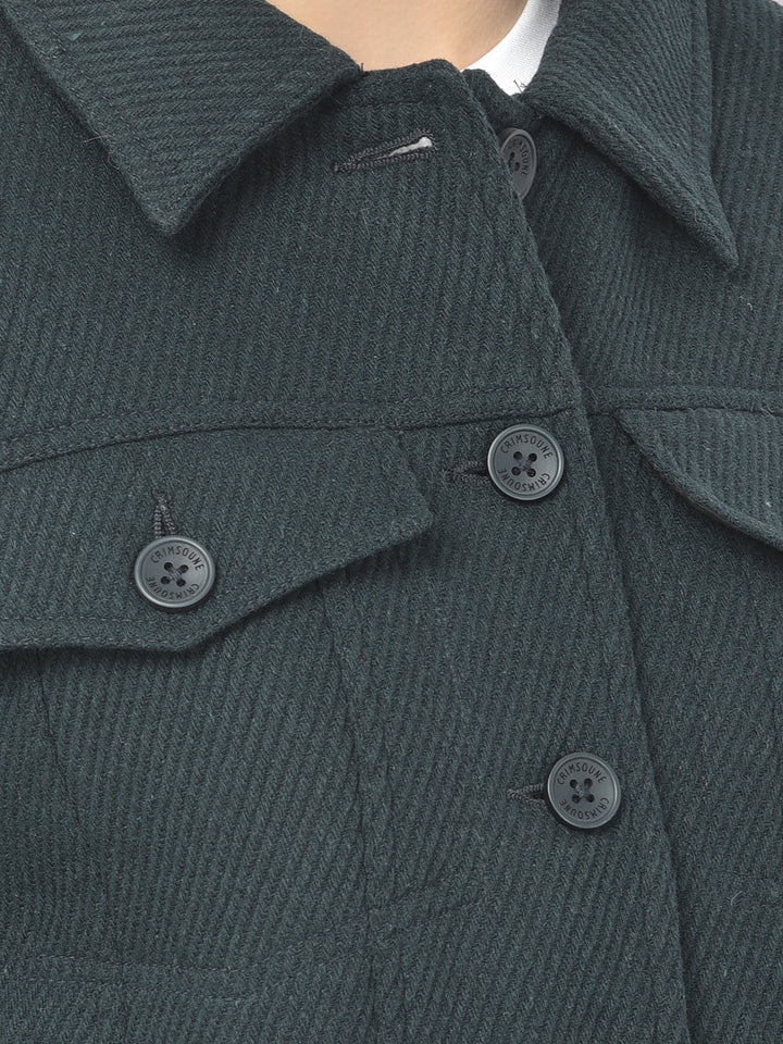 Deep Green Casual Winter Coat-Women Blazers-Crimsoune Club