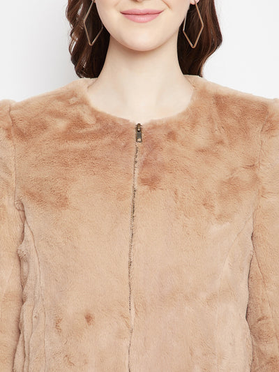 Beige Plush Zip-Front Jacket-Women Blazers-Crimsoune Club