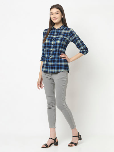 Navy Blue Shirt in Tartan Checks-Women Shirts-Crimsoune Club