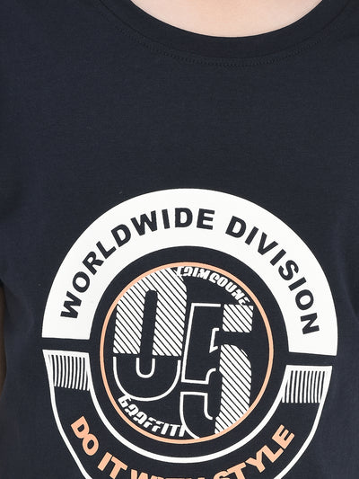 Navy Blue Printed Round Neck T-shirt-Boys T-Shirts-Crimsoune Club