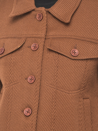 Brown Textured Short Coat-Women Blazers-Crimsoune Club