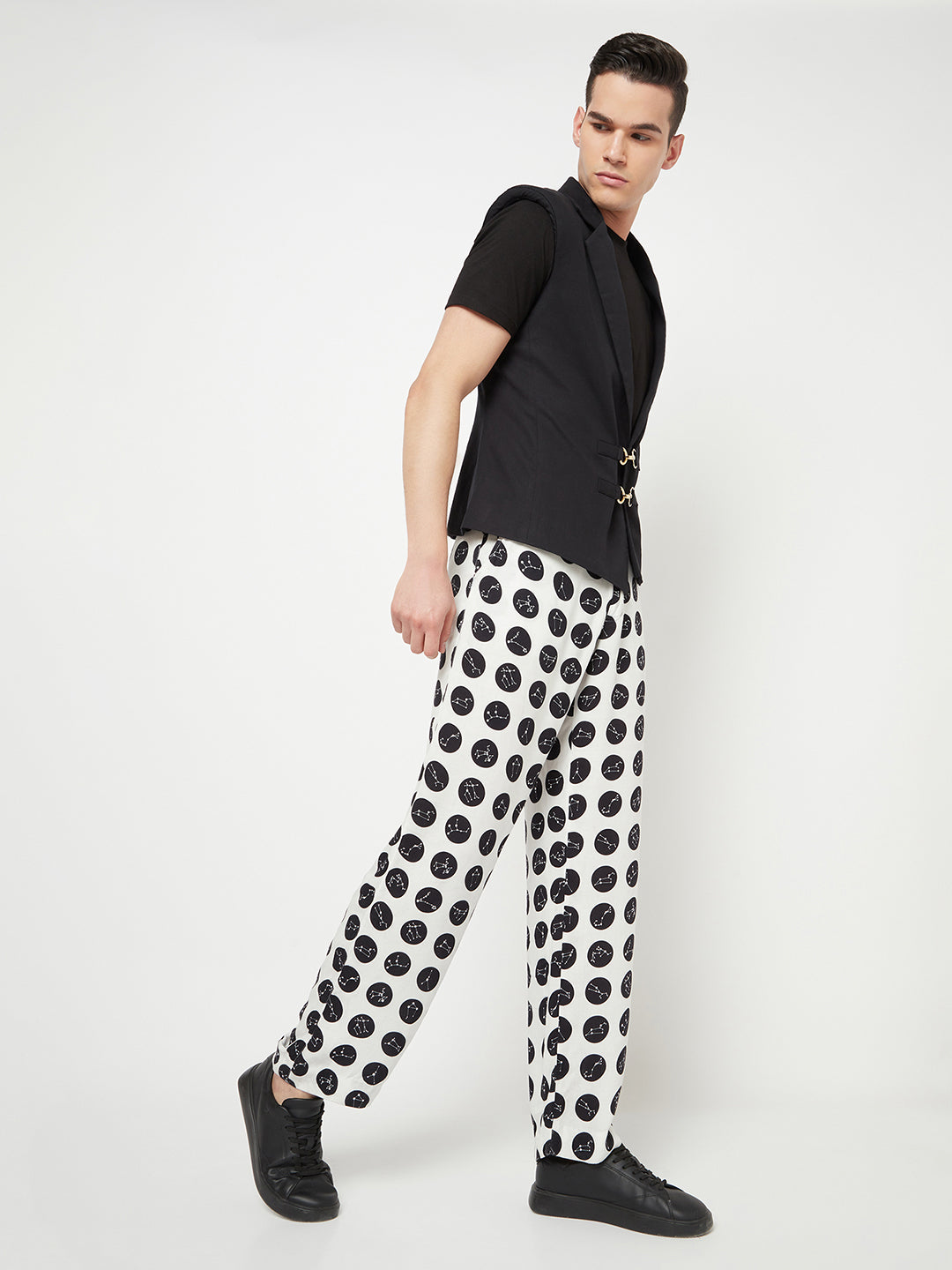 White Polka Dot Printed Trouser-Men Trousers-Crimsoune Club