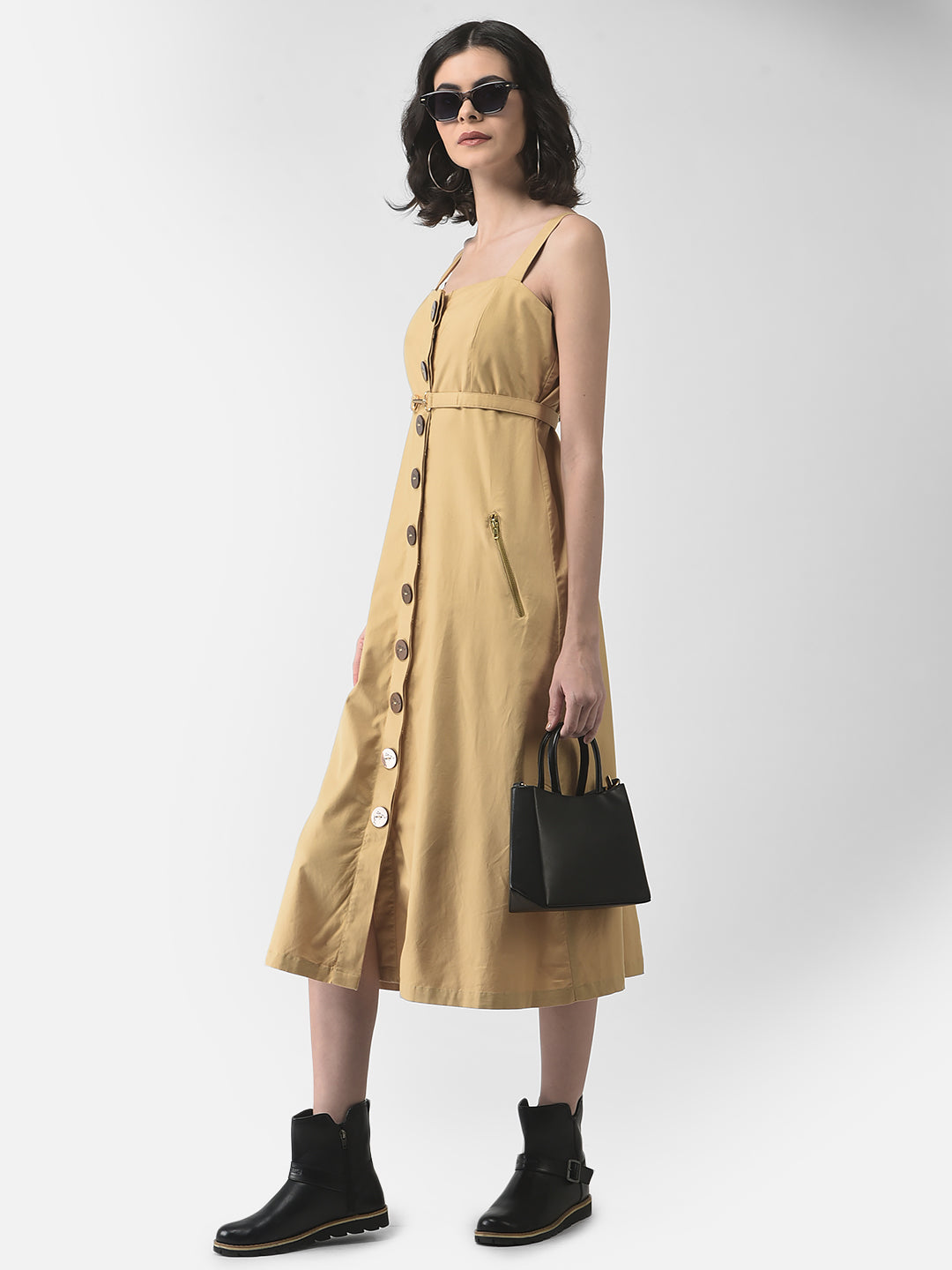 Khaki Midi Dress-Women Dresses-Crimsoune Club