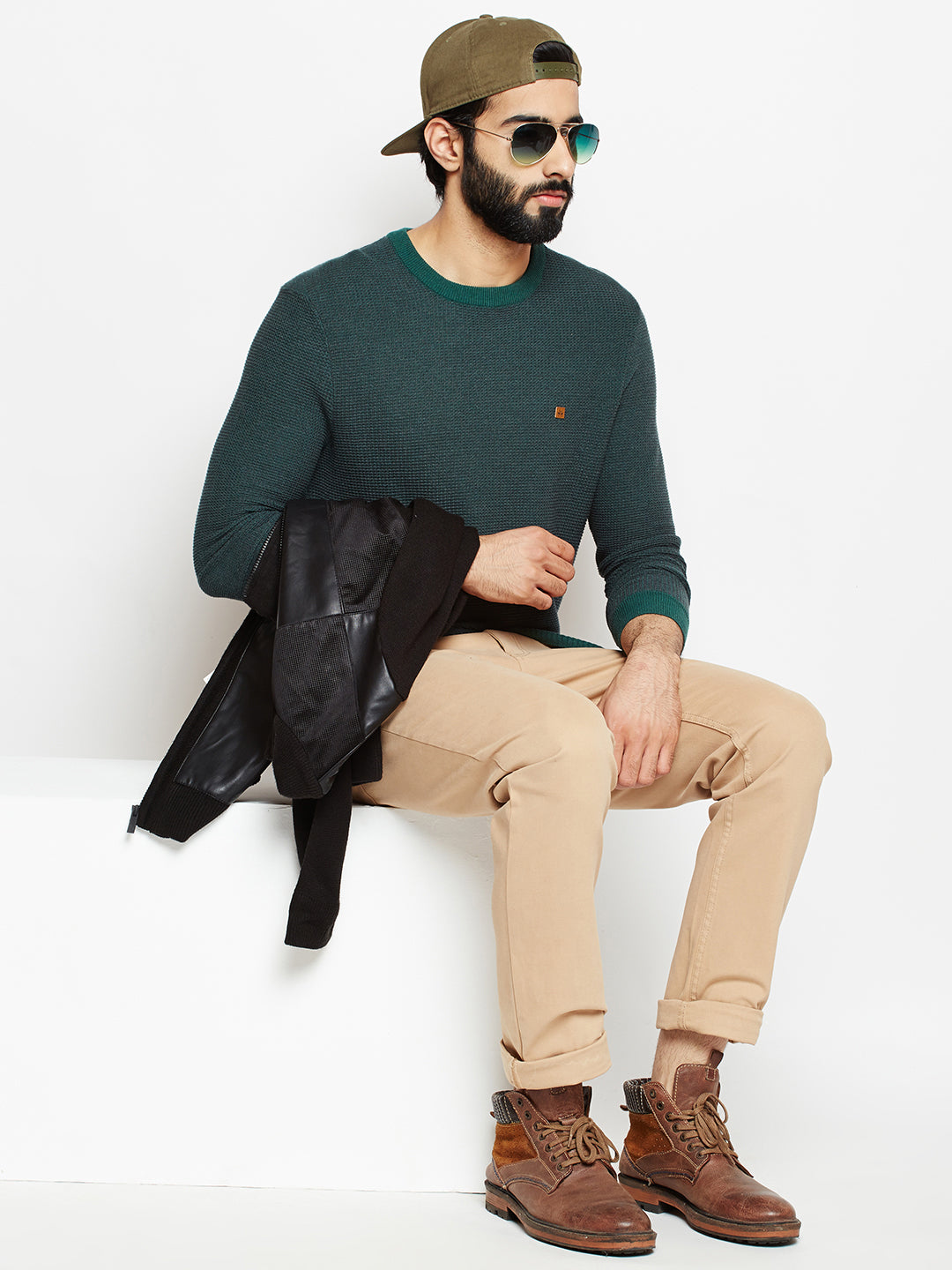 Green Solid Round Neck Sweater-Mens Sweaters-Crimsoune Club