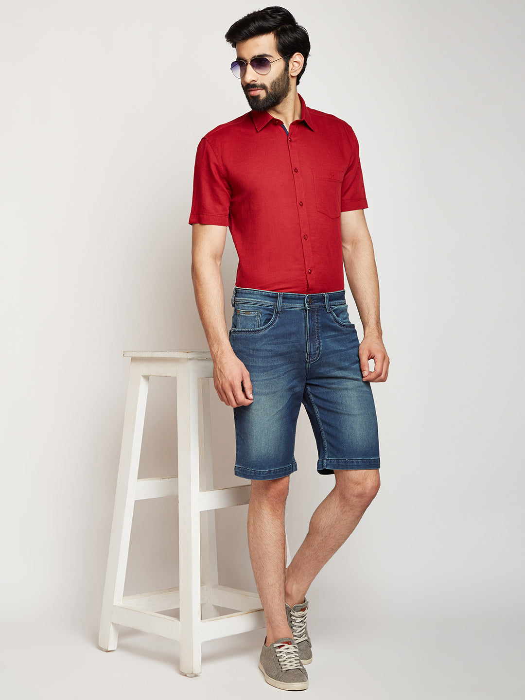 Blue Solid Denim Shorts-Men Shorts-Crimsoune Club