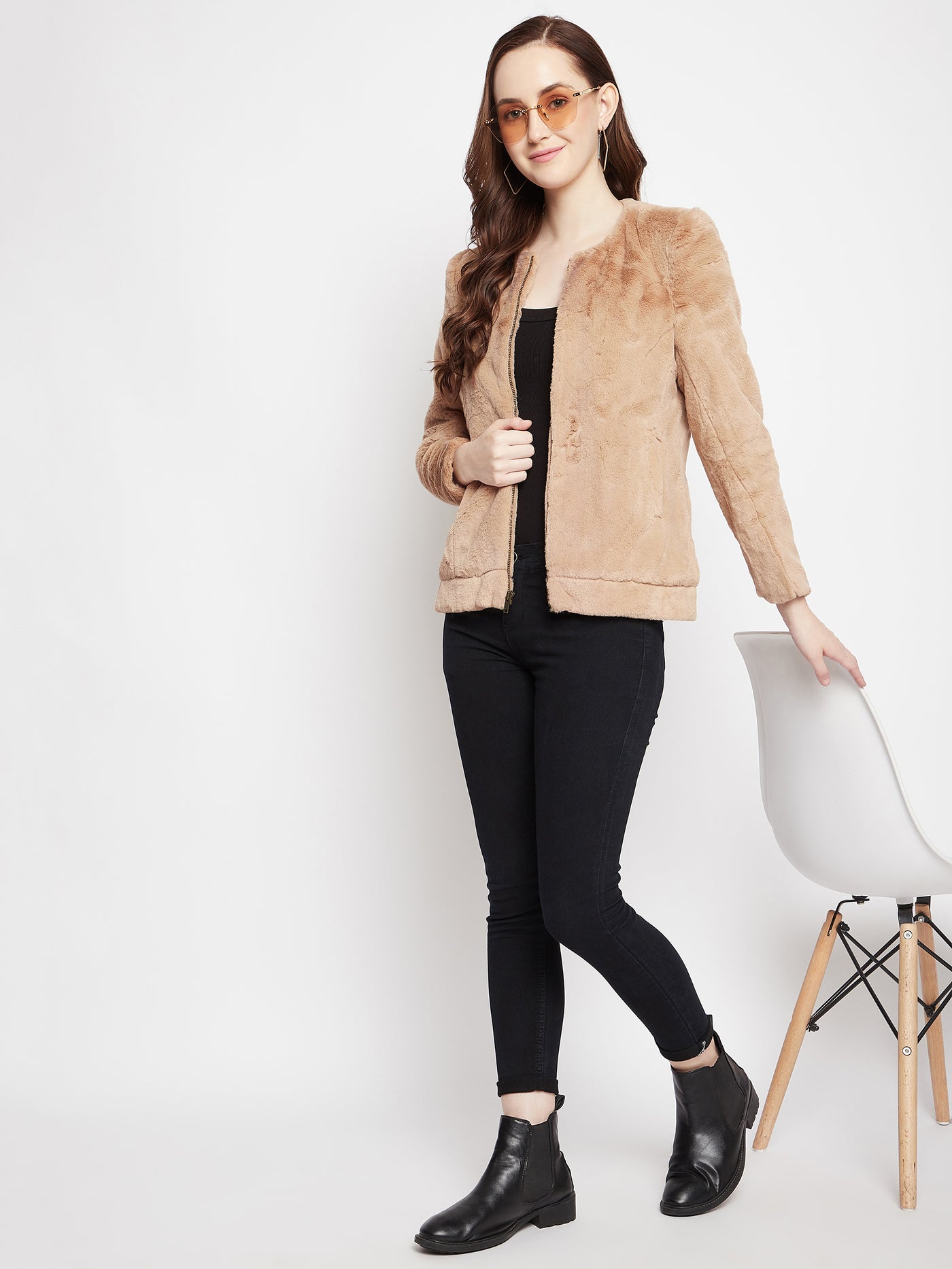 Beige Plush Zip-Front Jacket-Women Blazers-Crimsoune Club