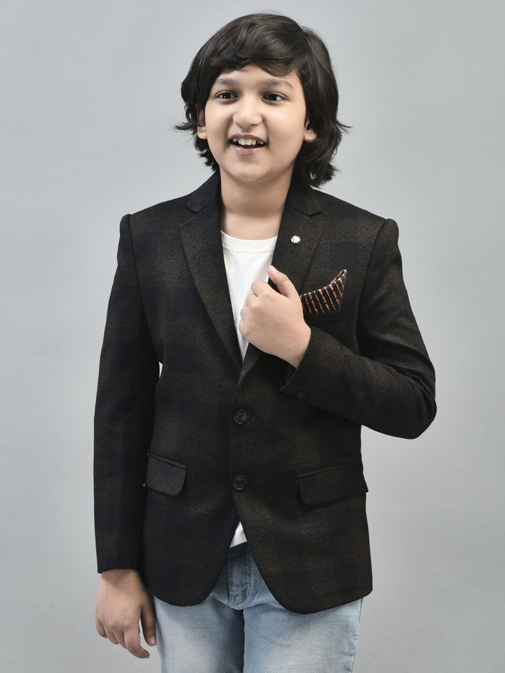 Brown Checked Single Breasted Blazer-Boys Blazers-Crimsoune Club